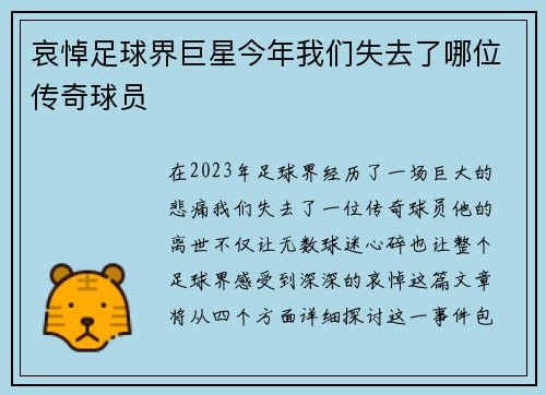 哀悼足球界巨星今年我们失去了哪位传奇球员